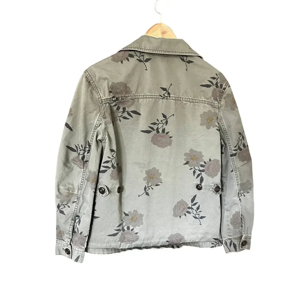 H&M Divided Green Floral Utility Jacket Y2K Women Size 4 Button Front‎